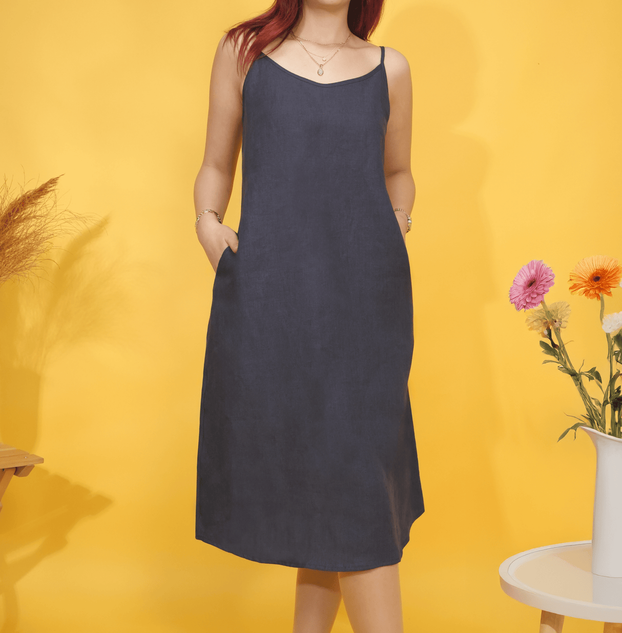 Adjustable Spaghetti Strap Linen Dress, Midi Dresses for Women, Sundress with Pockets, Relaxed Fift Linen Dress, Sleeveless Summer Dress