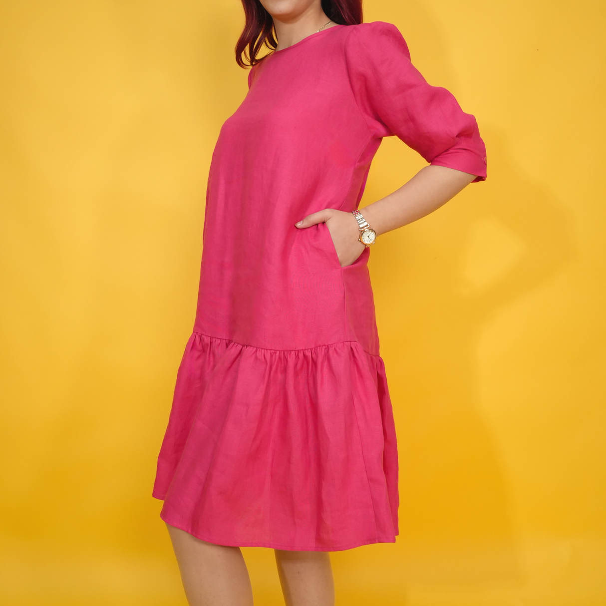 Gathered Sleeve Linen Dress for Womens, Short Sleeves Spring Dress, Bridesmaid Dress, Linen Summer Clothes, Loose Midi Dress, Floral Dress