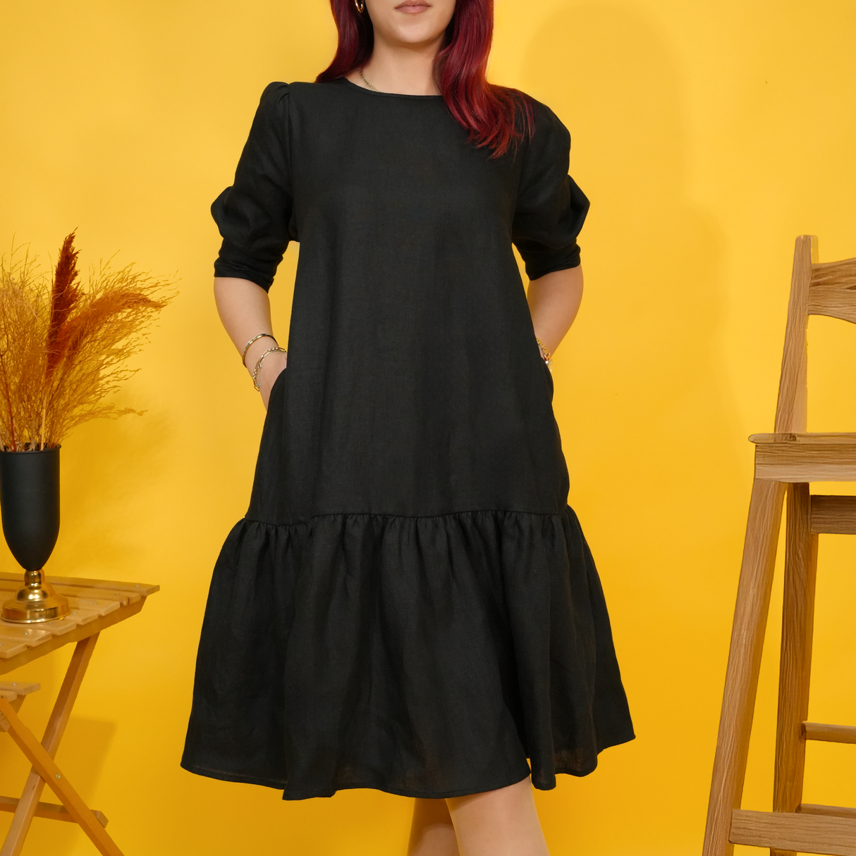 Gathered Sleeve Linen Dress for Womens, Short Sleeves Spring Dress, Bridesmaid Dress, Linen Summer Clothes, Loose Midi Dress, Floral Dress