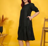 Linen A Line Ruffle Dress with Pockets, Casual Linen Dress for Women, Gathered Sleeve Midi Dress, Everyday Wear, Loose Fit Summer Dresses
