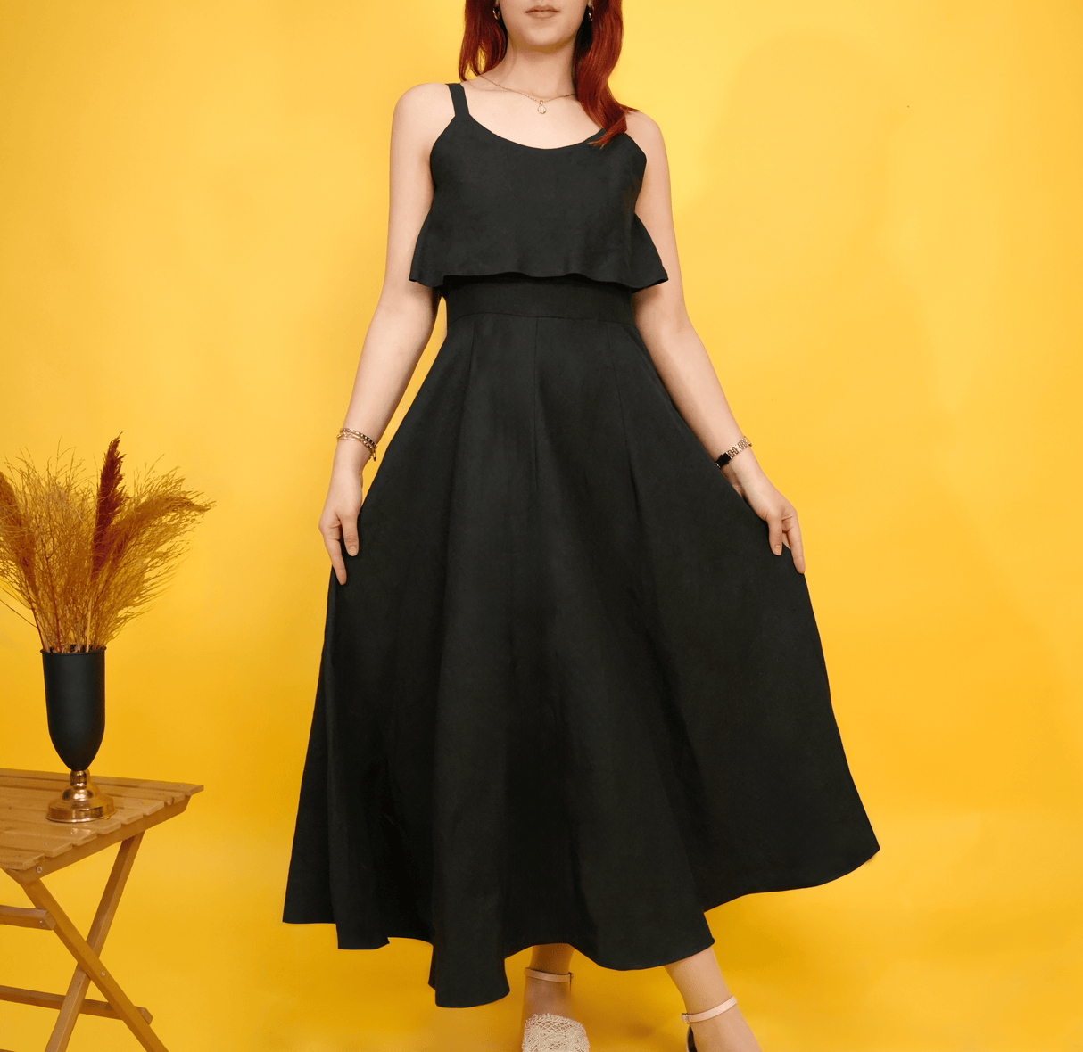 Linen Midi Dress, Sleeveless Summer Outfit for Women, Linen Casual Dress with Straps, Flowy Linen Shirt, Minimalist, Breathable Clothing