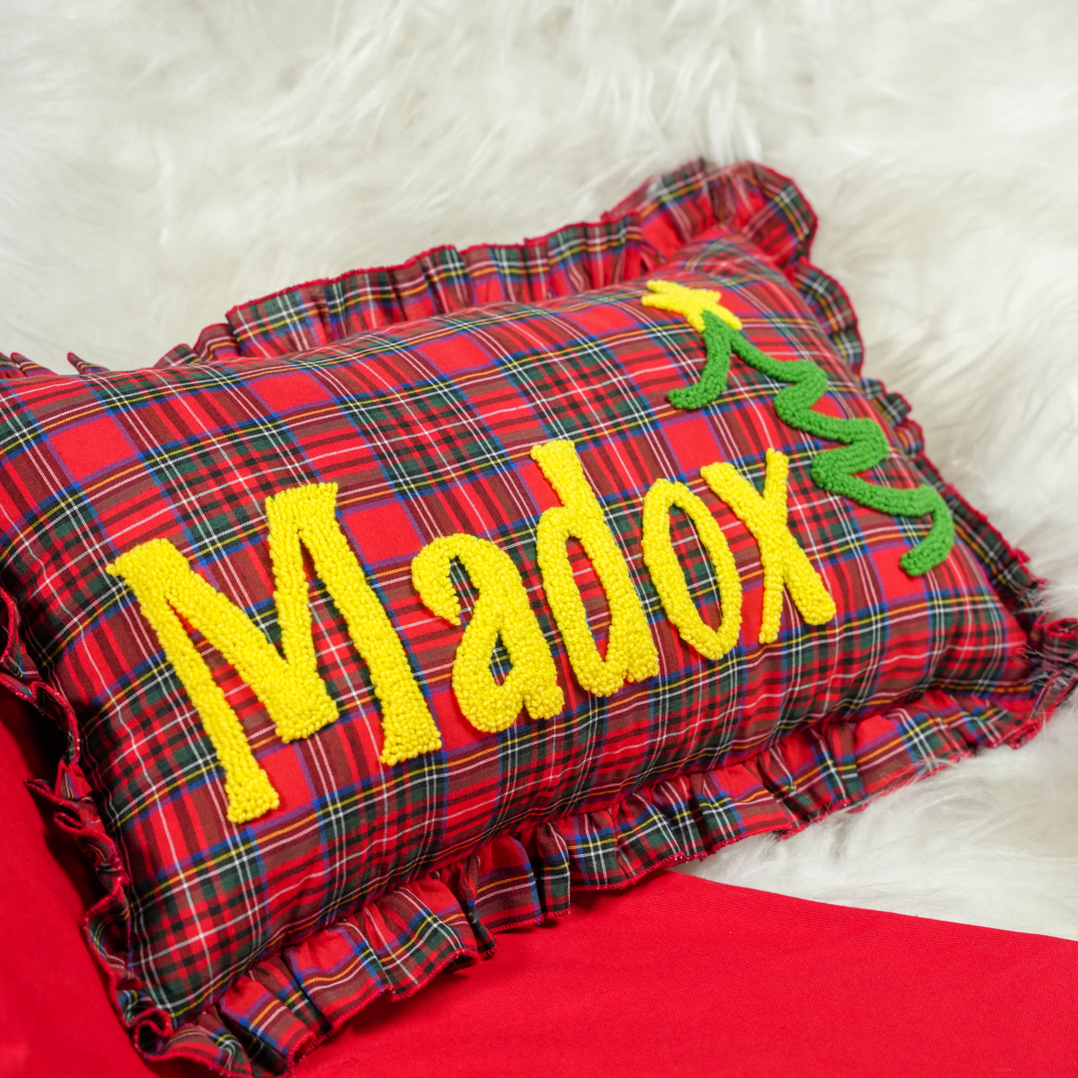 Personalized Punch Needle Pillow with Gingham Ruffle: Soft Nursery Decor