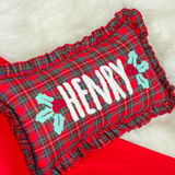 Nutcracker Punch Needle Christmas Pillow: Gingham Holiday Cushion, Seasonal Home Decor