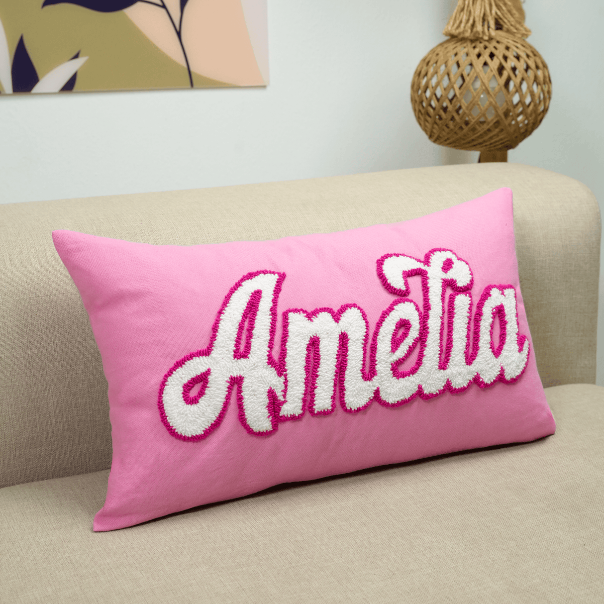Personalized Name Embroidered Punch Needle Pillow: Custom Baby Gift & Announcement