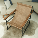 Leather Sling Chair with Wooden Arms, Handmade Lounge Armchair for Reading Nook
