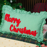 Merry Christmas Punch Needle Embroidered Ruffle Pillow: Green Gingham Holiday Cushion