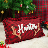 Merry Christmas Punch Needle Embroidered Ruffle Pillow: Green Gingham Holiday Cushion