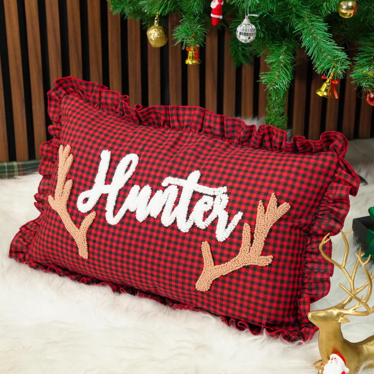 Personalized Punch Needle Holiday Home Pillow: Gingham Ruffle Pillow, Xmas Home Decor Gift