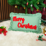 Merry Christmas Punch Needle Embroidered Ruffle Pillow: Green Gingham Holiday Cushion