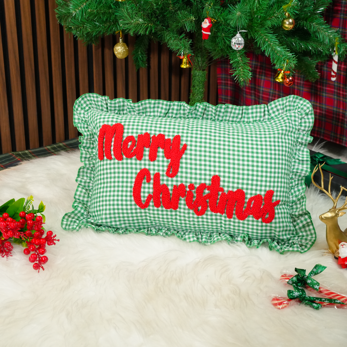 Personalized Punch Needle Holiday Home Pillow: Gingham Ruffle Pillow, Xmas Home Decor Gift