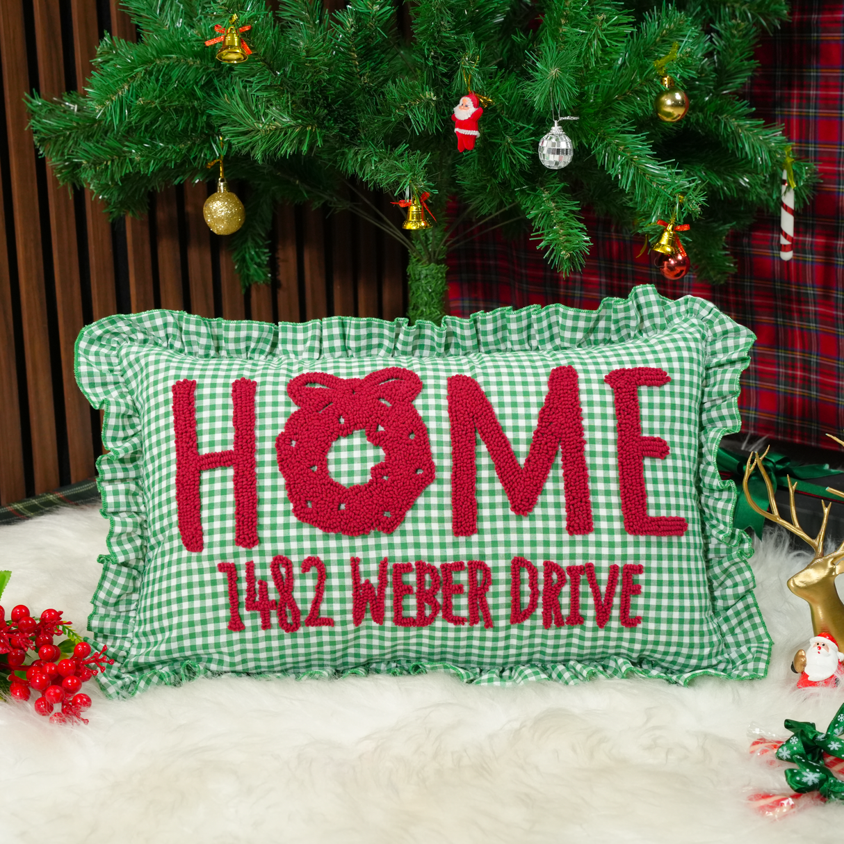Personalized Punch Needle Holiday Home Pillow: Gingham Ruffle Pillow, Xmas Home Decor Gift