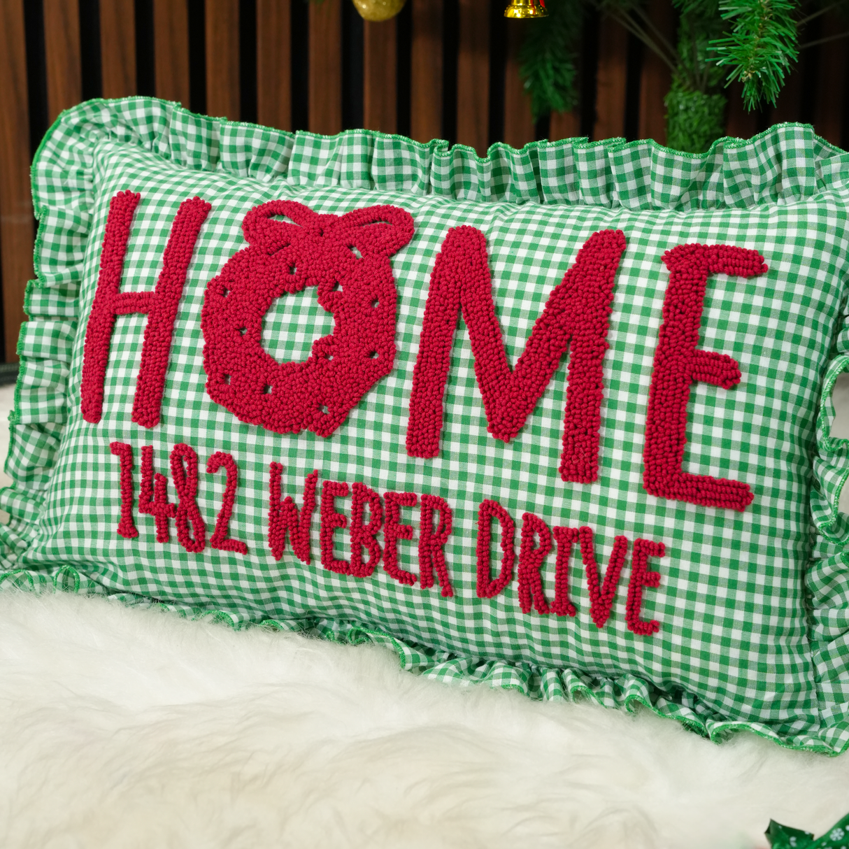 Merry Christmas Punch Needle Embroidered Ruffle Pillow: Green Gingham Holiday Cushion