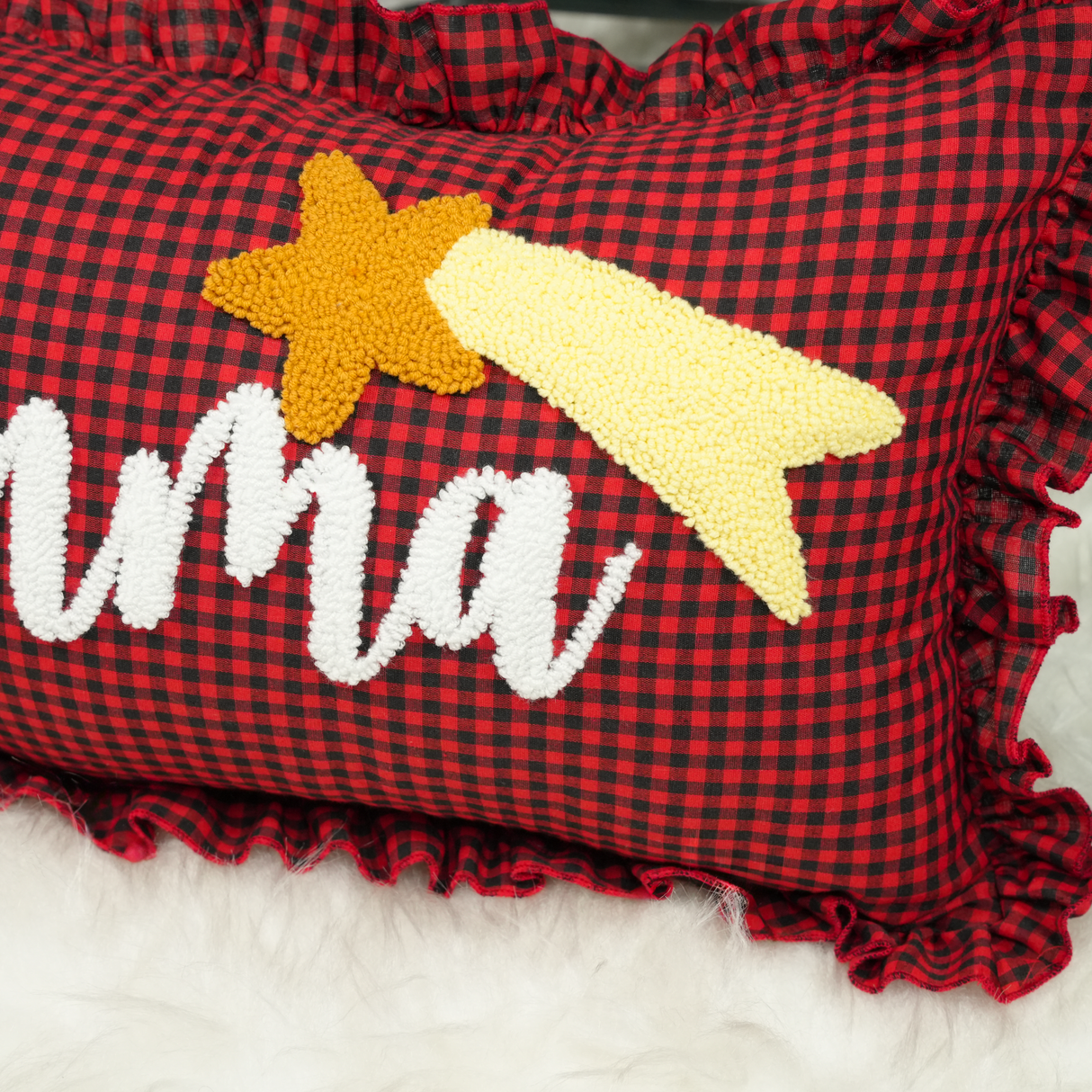 Pink Gingham Punch Needle Custom Name Pillow: Ruffle Baby Cushion, Nursery Decor