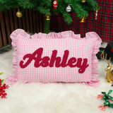 Pink Gingham Punch Needle Custom Name Pillow: Ruffle Baby Cushion, Nursery Decor