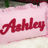 Personalized Baby Name Punch Needle Pillow with Ruffle Trim: First Christmas Gift