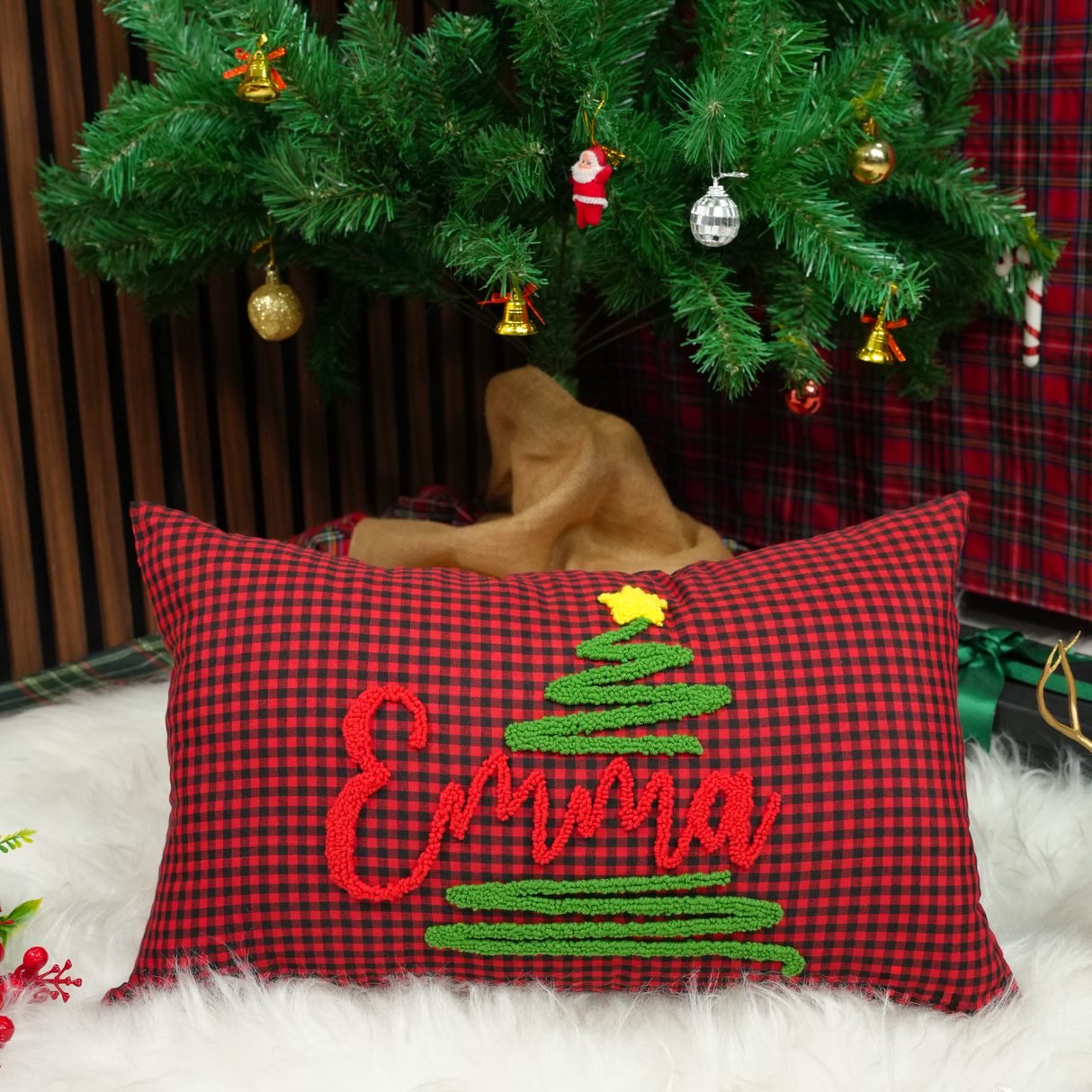 Custom Punch Needle Embroidered Baby Name Ruffle Pillow: First Christmas Nursery Decor