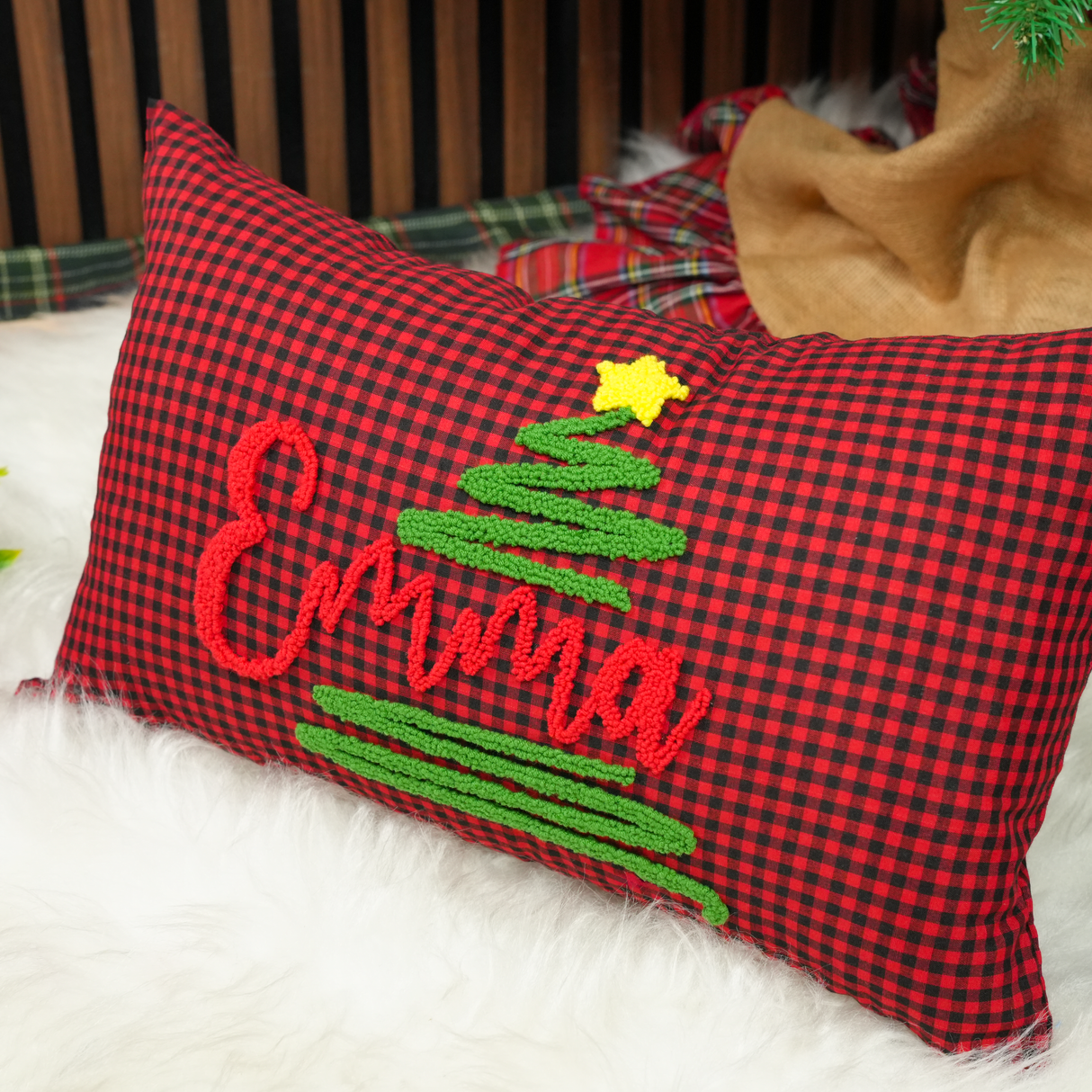 Christmas Punch Needle Personalized Pillow: Gingham Holiday Home Decor