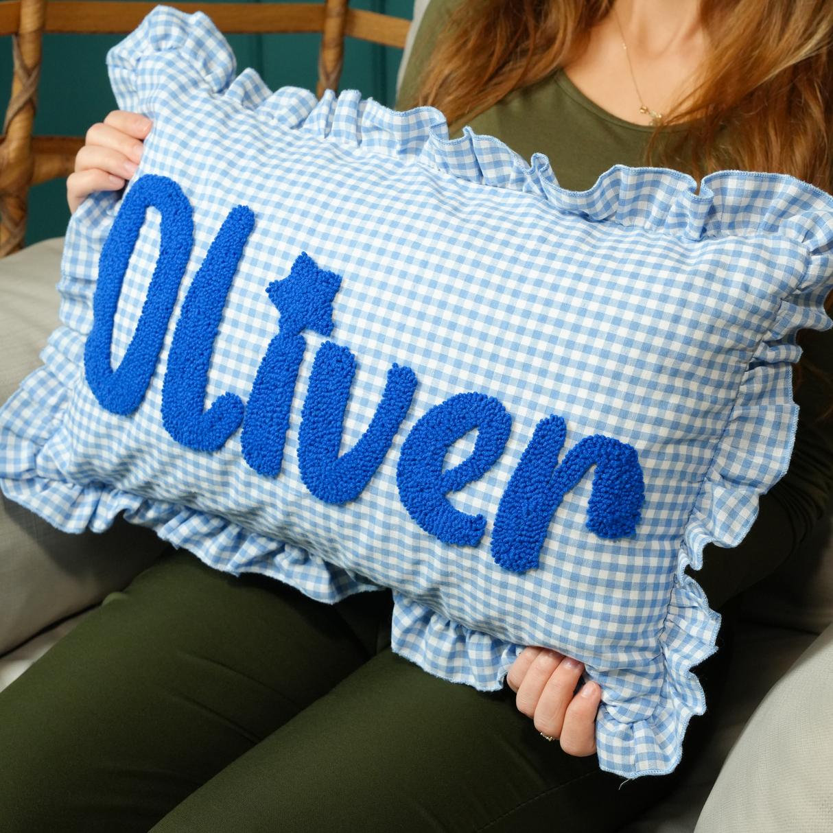 Pink Gingham Punch Needle Custom Name Pillow: Ruffle Baby Cushion, Nursery Decor