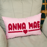 Monogrammed Gingham Ruffle Pillow: Personalized Punch Needle Embroidered Cushion