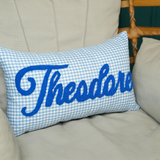 Custom Gingham Punch Needle Pillow: Toddler Room Ruffle Pillow, Baby Boy Name Gift