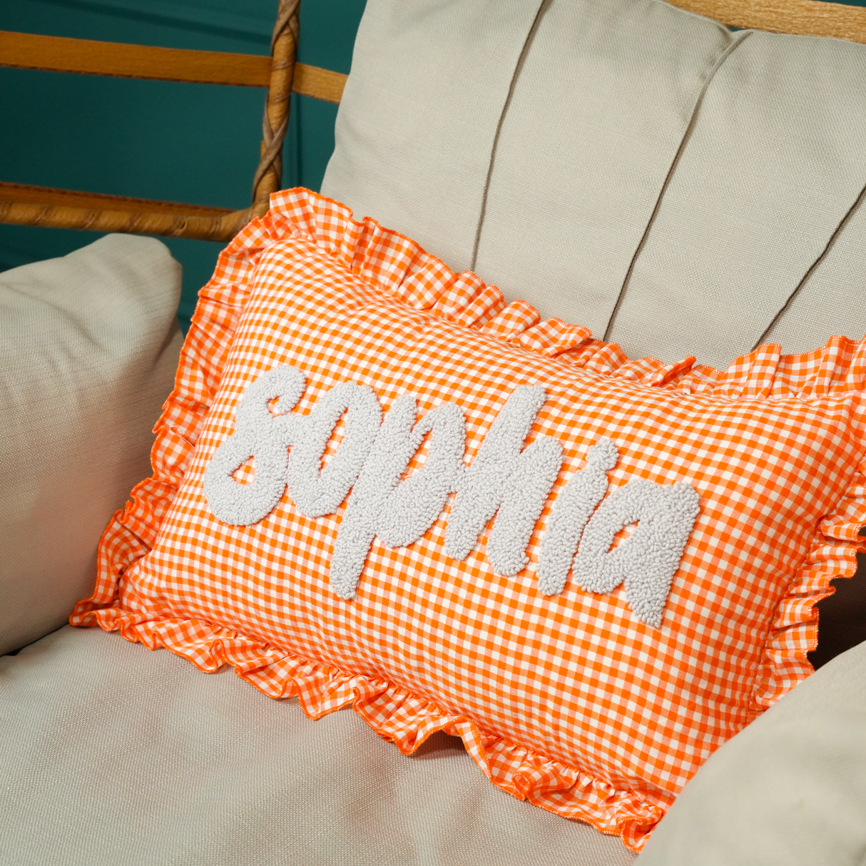 Pink Gingham Punch Needle Custom Name Pillow: Ruffle Baby Cushion, Nursery Decor