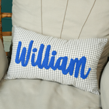 Custom Gingham Punch Needle Pillow: Toddler Room Ruffle Pillow, Baby Boy Name Gift