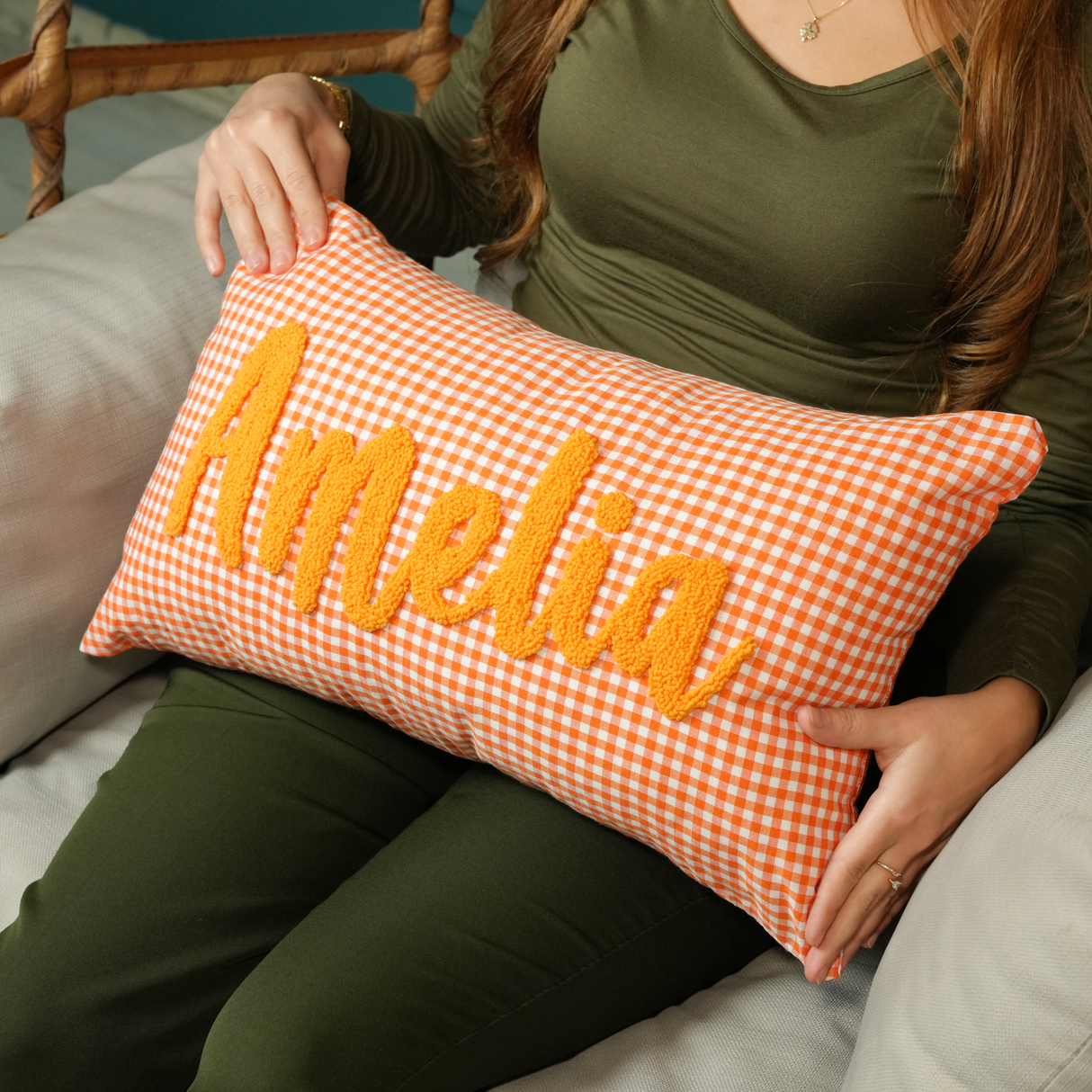 Monogrammed Gingham Ruffle Pillow: Personalized Punch Needle Embroidered Cushion