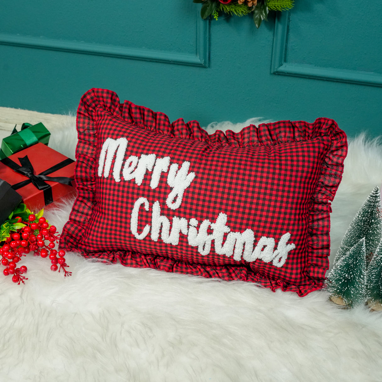 Winter Snowflake Christmas Punch Needle Pillow: Red Gingham Ruffle for Cozy Holiday Decor