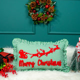 Merry Christmas Santa Claus Punch Needle Pillow: Green Gingham Ruffle Cushion Cover