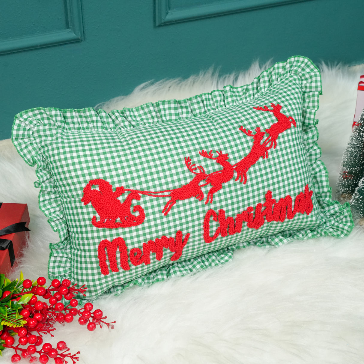 Custom Punch Needle Christmas Name Pillow: Festive Cushion with Embroidered Holiday Hat