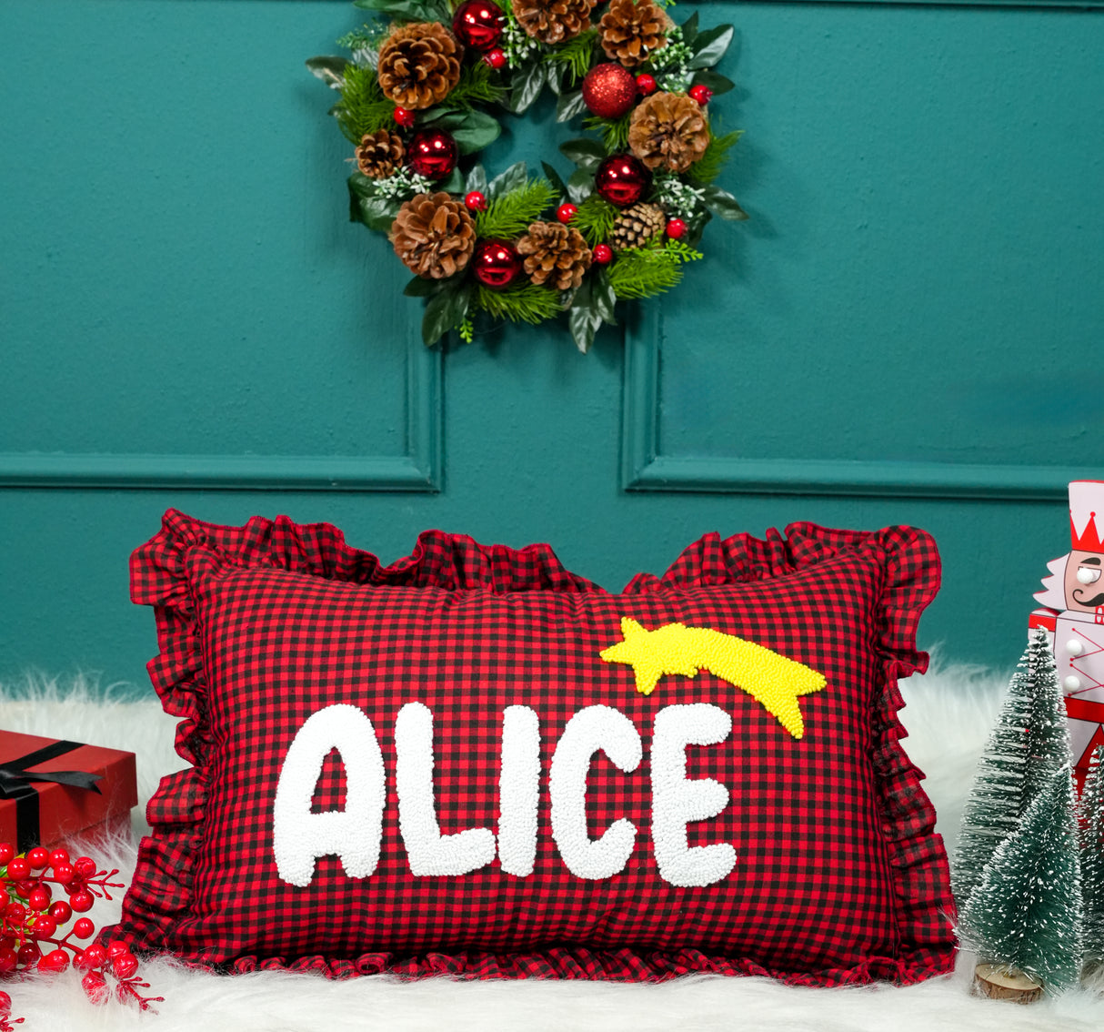 Custom Punch Needle Christmas Name Pillow: Festive Cushion with Embroidered Holiday Hat