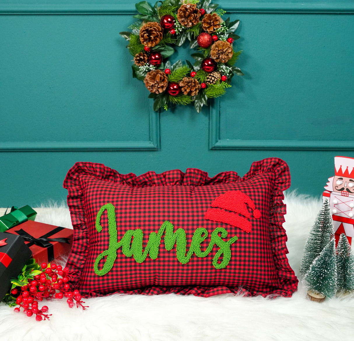 Custom Punch Needle Christmas Name Pillow: Festive Cushion with Embroidered Holiday Hat