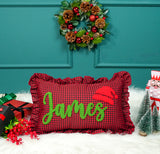 Custom Punch Needle Christmas Name Pillow: Festive Cushion with Embroidered Holiday Hat