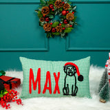 Personalized Pet Christmas Pillow: Green Gingham Cotton Cushion for Dog Christmas Gift