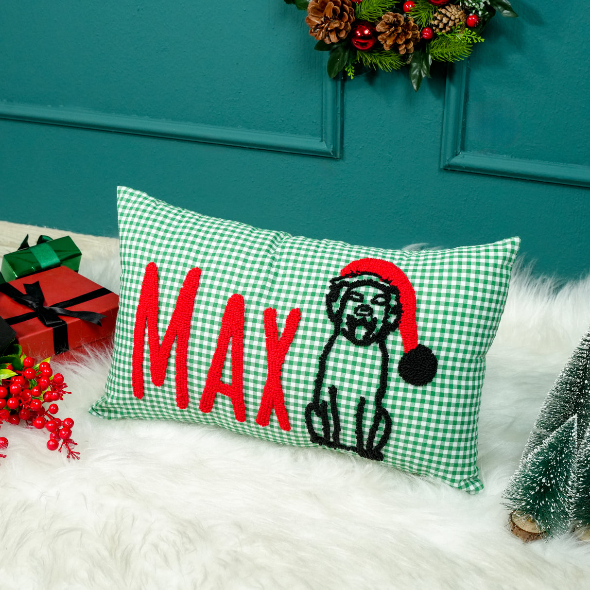 Personalized Pet Christmas Pillow: Green Gingham Cotton Cushion for Dog Christmas Gift