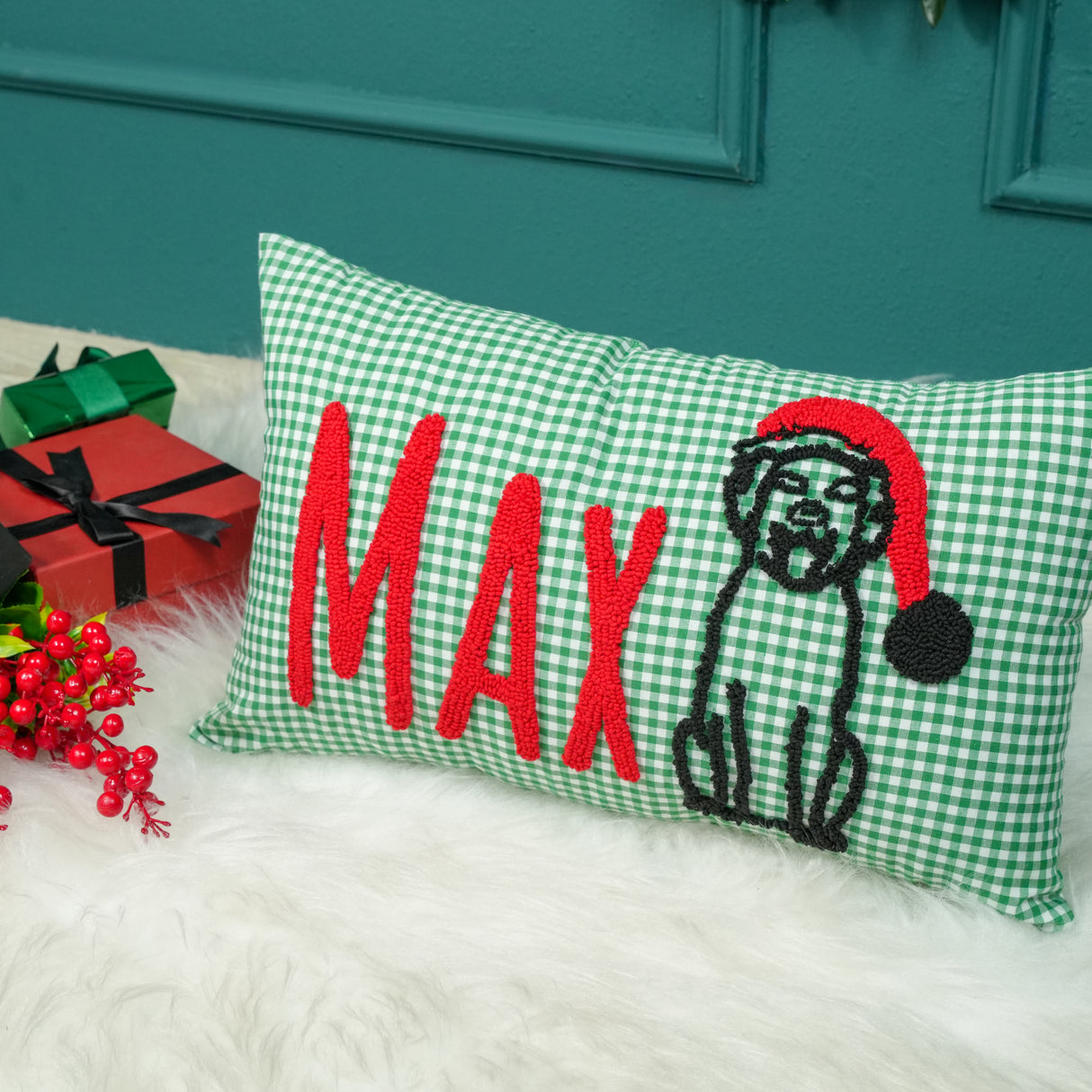 Personalized Pet Christmas Pillow: Green Gingham Cotton Cushion for Dog Christmas Gift