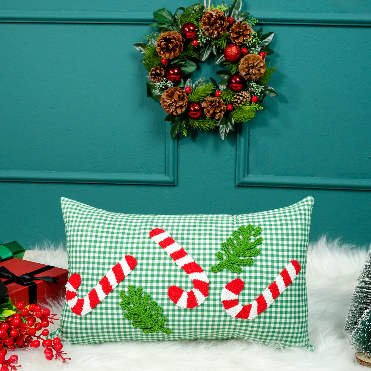 Christmas Candy Cane Throw Pillow:Green Gingham Holiday Cushion, Seasonal Home Decor