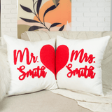 Mr Mrs Lastname Embroidered Pillow with Heart, Couple Bedding, Gift for Wife, Anniversary Gift, Valentines Day Gift Idea, Personalized Gift