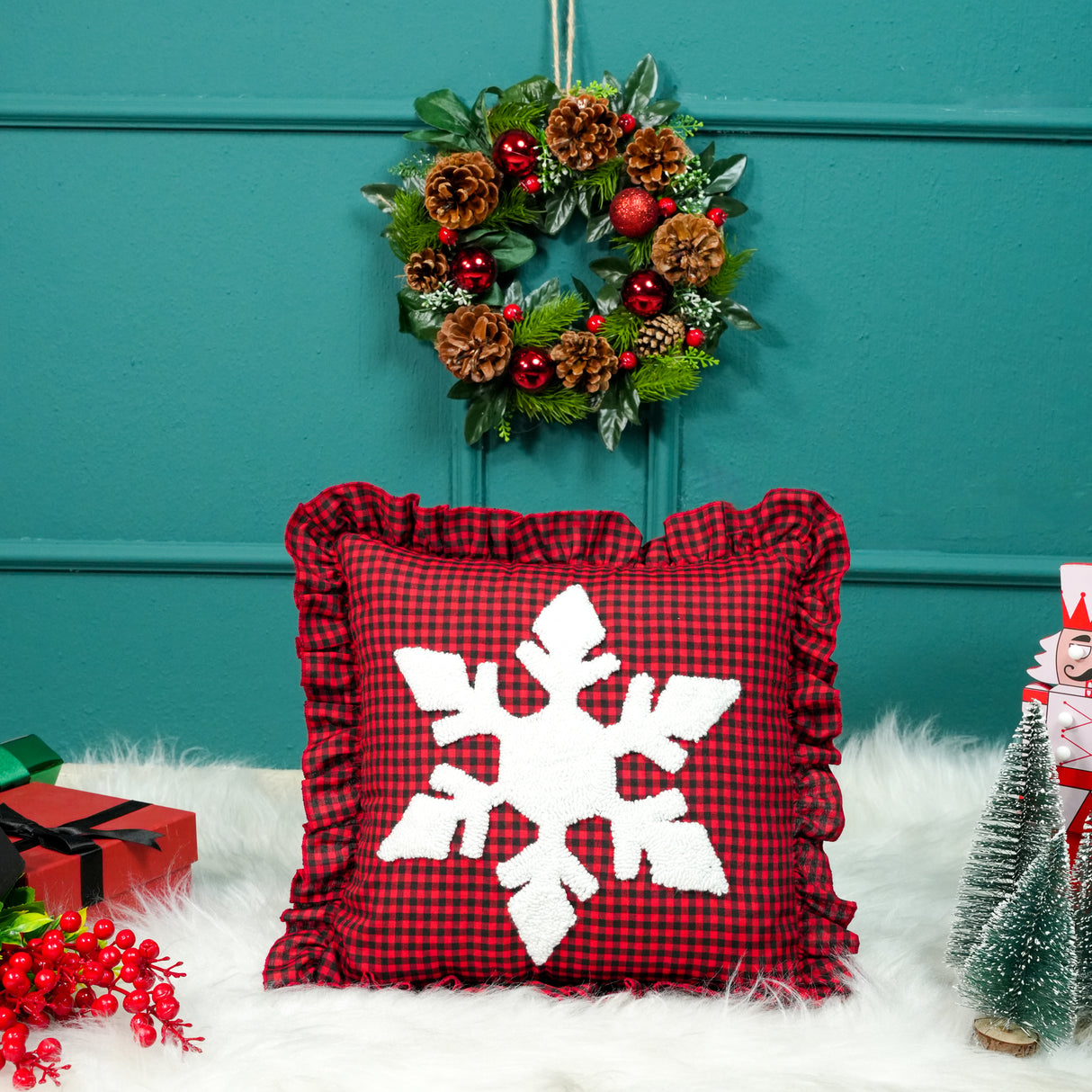 Winter Snowflake Christmas Punch Needle Pillow: Red Gingham Ruffle for Cozy Holiday Decor