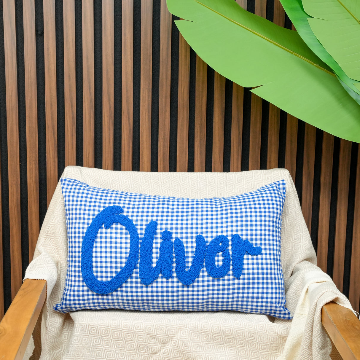 Custom Punch Needle Name Pillow: Yellow Gingham Cotton Cover, Holiday Cushion