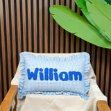 Personalized Punch Needle Pillow with Gingham Ruffle: Soft Nursery Decor