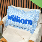 Personalized Punch Needle Pillow with Gingham Ruffle: Soft Nursery Decor