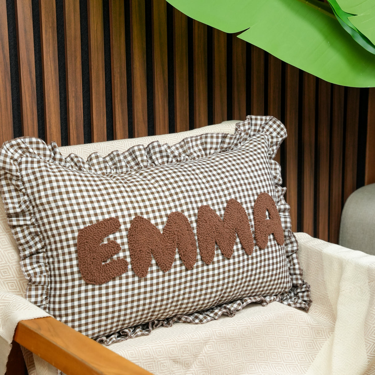 Personalized Punch Needle Pillow with Gingham Ruffle: Soft Nursery Decor