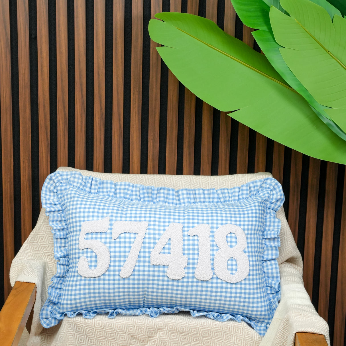 Custom Embroidered Zip Code Pillow, Gingham Home Decoration, Housewarming Gift