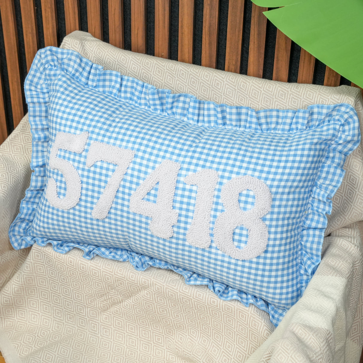 Custom Embroidered Zip Code Pillow, Gingham Home Decoration, Housewarming Gift