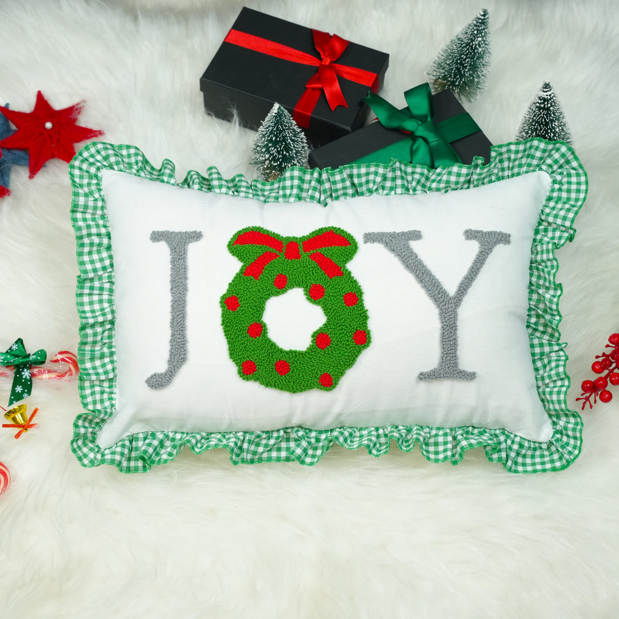 Joy Christmas Punch Needle Pillow: Wreath Embroidered Cushion with Gingham Ruffle