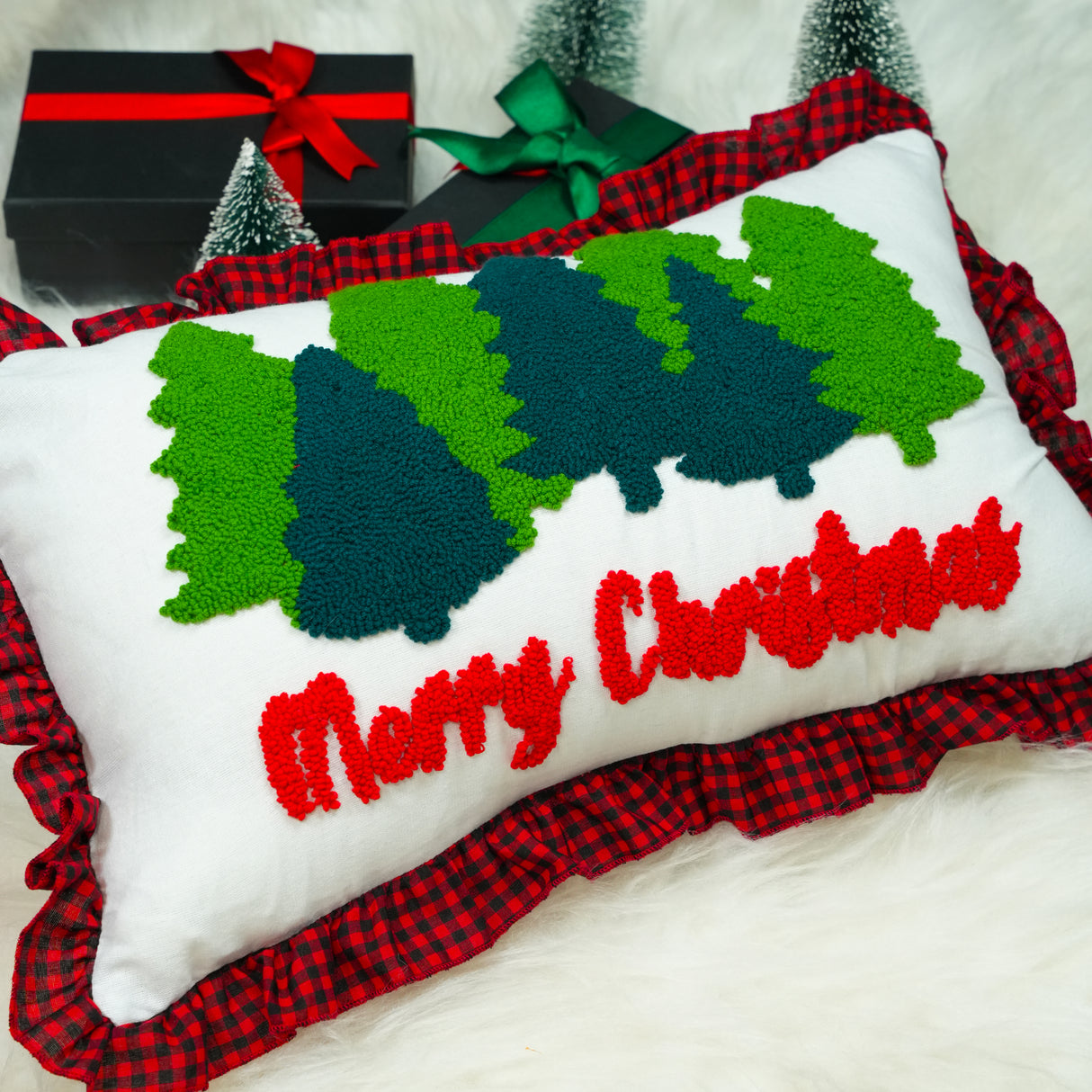 Joy Christmas Punch Needle Pillow: Wreath Embroidered Cushion with Gingham Ruffle