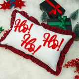 Joy Christmas Punch Needle Pillow: Wreath Embroidered Cushion with Gingham Ruffle