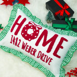 Joy Christmas Punch Needle Pillow: Wreath Embroidered Cushion with Gingham Ruffle