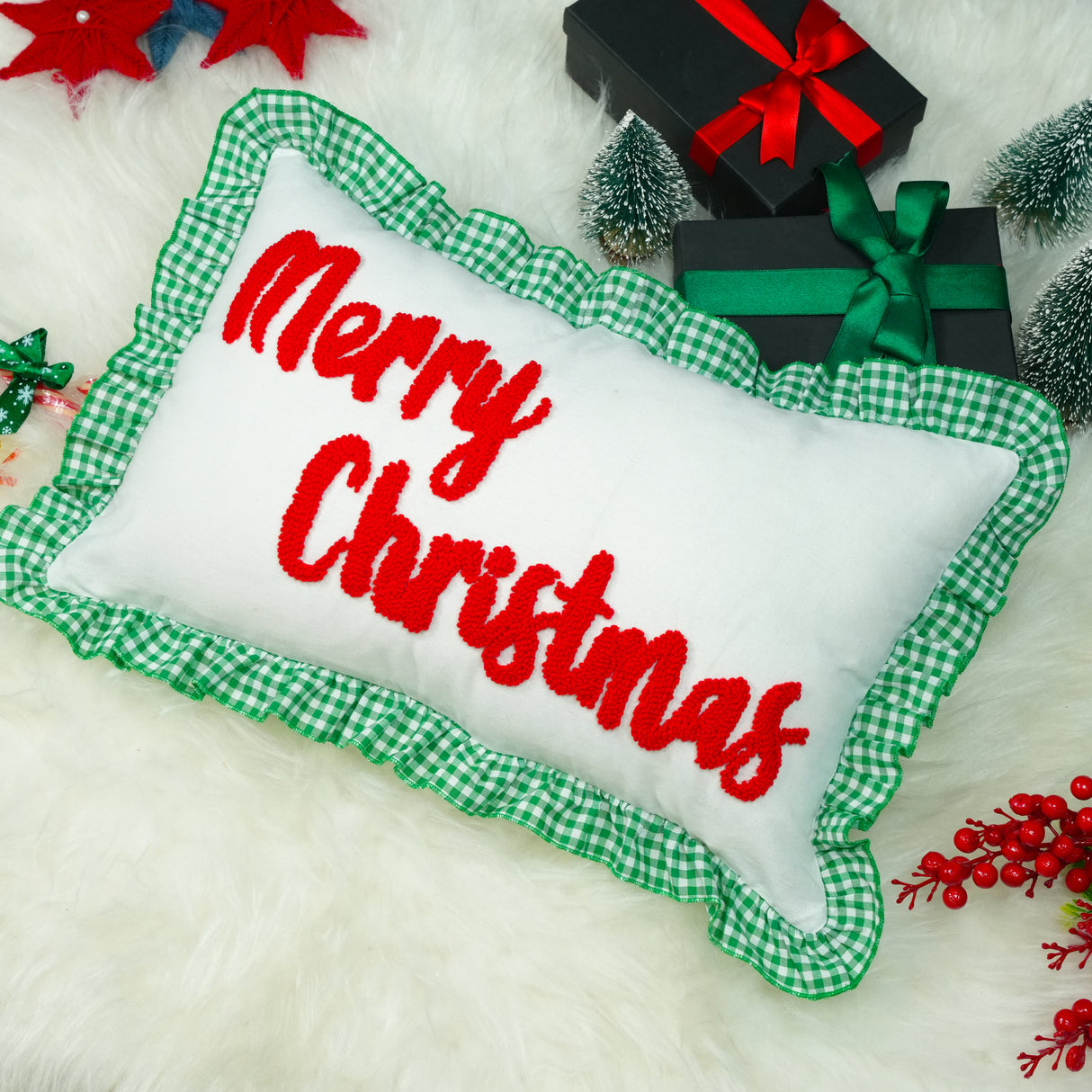 Ho Ho Ho Decorative Christmas Pillow: Punch Needle Embroidered, Holiday Home Decor